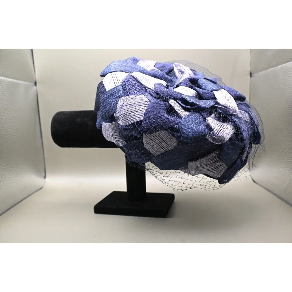 Vintage Navy Blue Silver Ribbon Hat Fascinator Netting Pillbox Cocktail Fashion